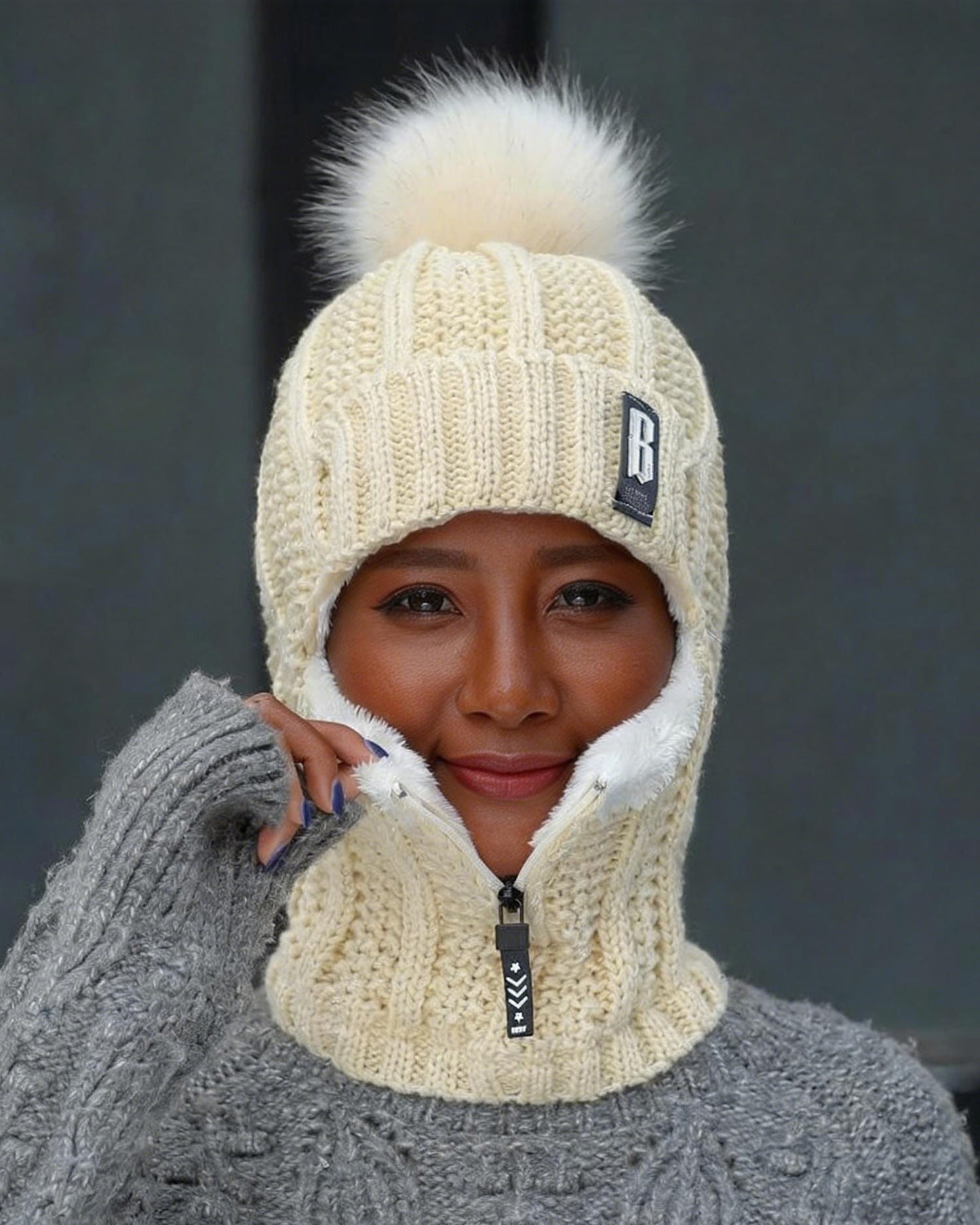 Cute Pom-Pom Neck Gaiter Warm Knit Beanie