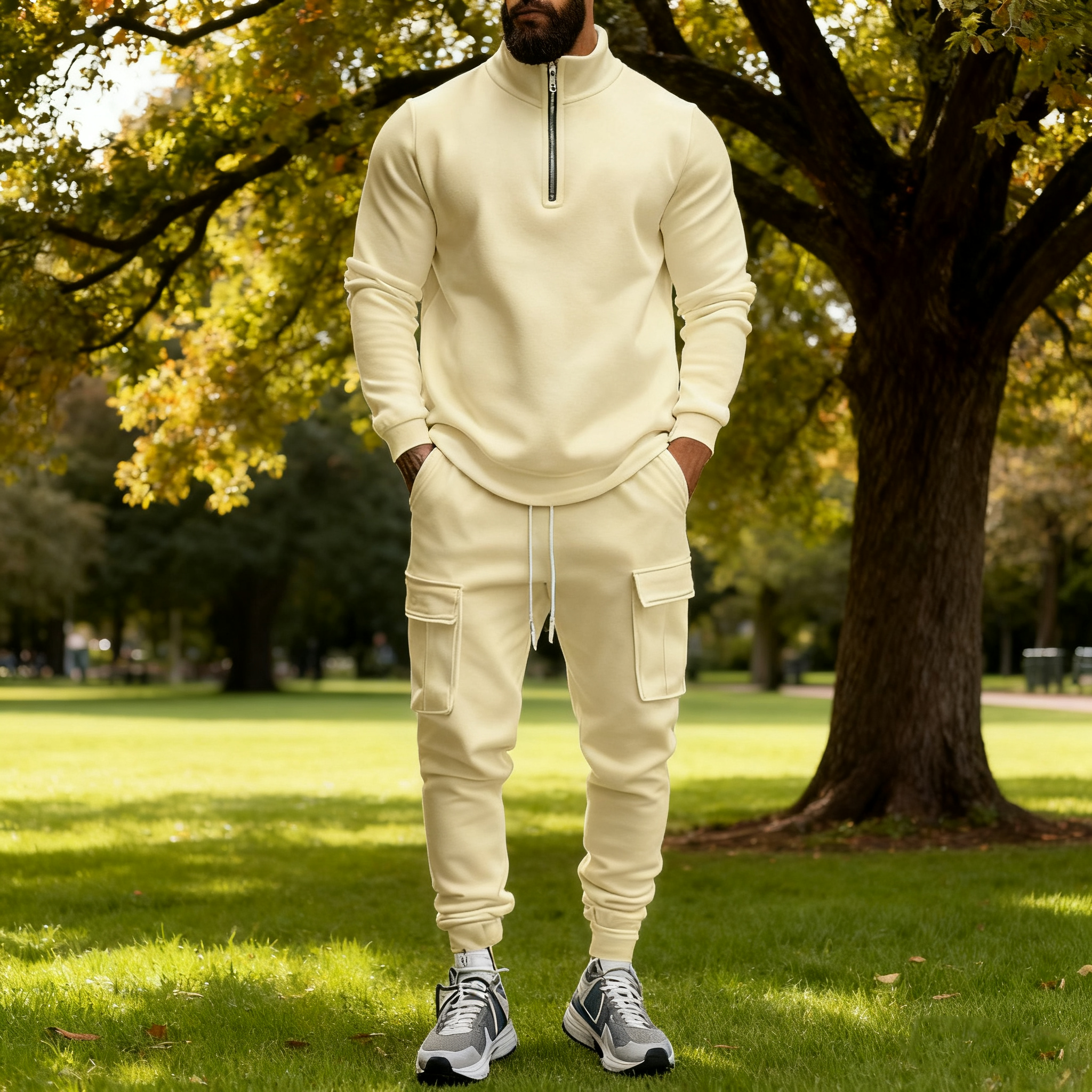 KZZ Men's Casual Fleece Lined Zipper Work Pants Set