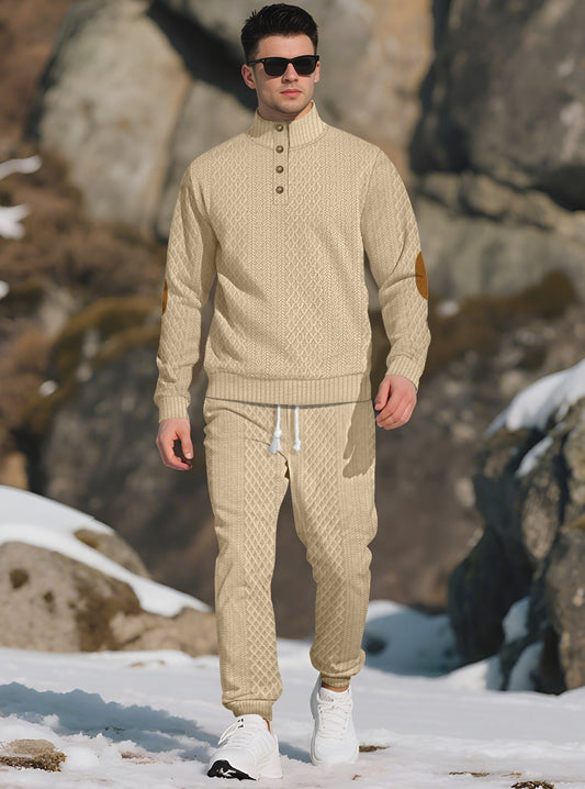 Men's knitted suit. The top features a half-placket and a high neckline, The fabric is thick.
