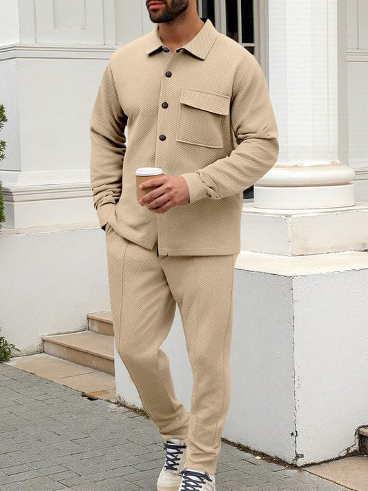 GGT Men's two-piece casual suit with a stand-up collar long sleeves with a subtle texture
