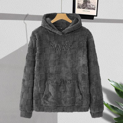 NewYork Hoodie Men's Letter Embroidery Pocket Textured Flannel Hoodie