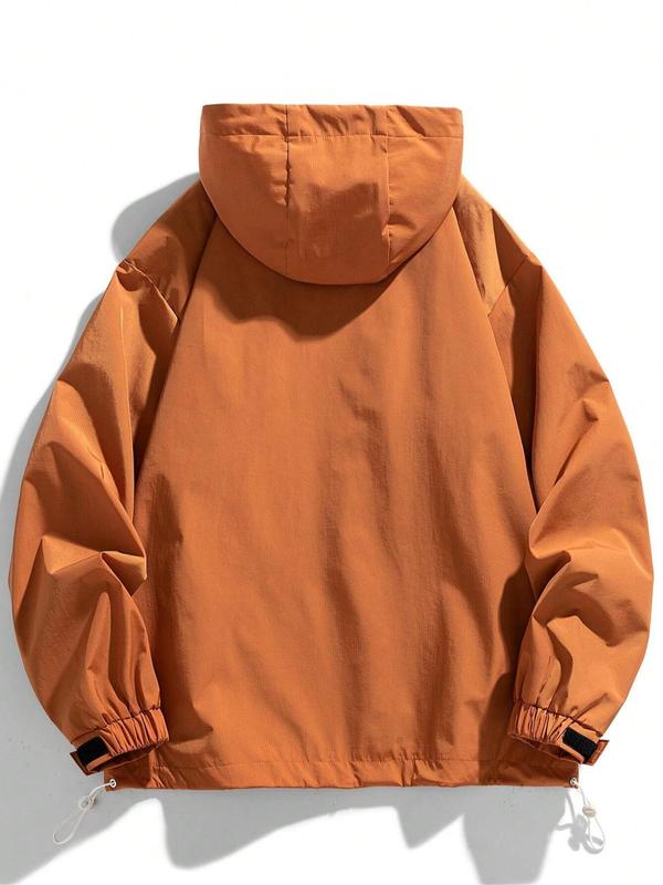 Men's Letter Print Drawstring Pocket Half Zipper Hooded Jacket