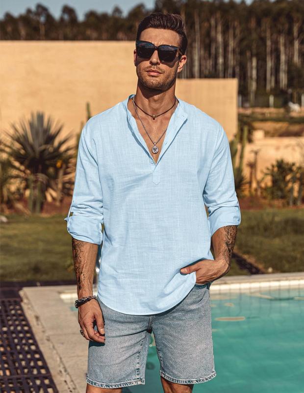 Men's Cotton Linen  Shirt Long Sleeve Hippie Casual Beach T Shirts Menswear