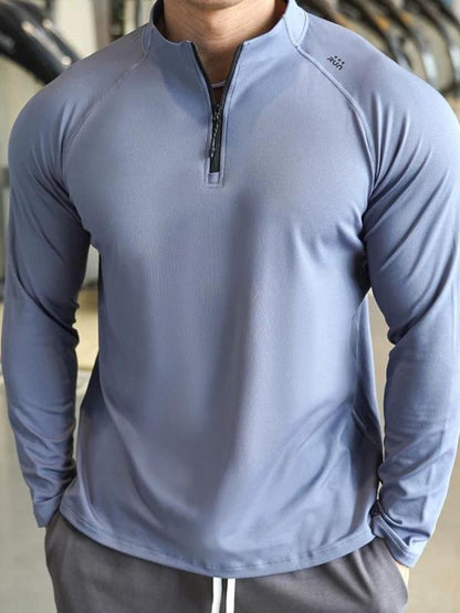 Men's Solid Half Zip Thumb Hole Design Sports Tee