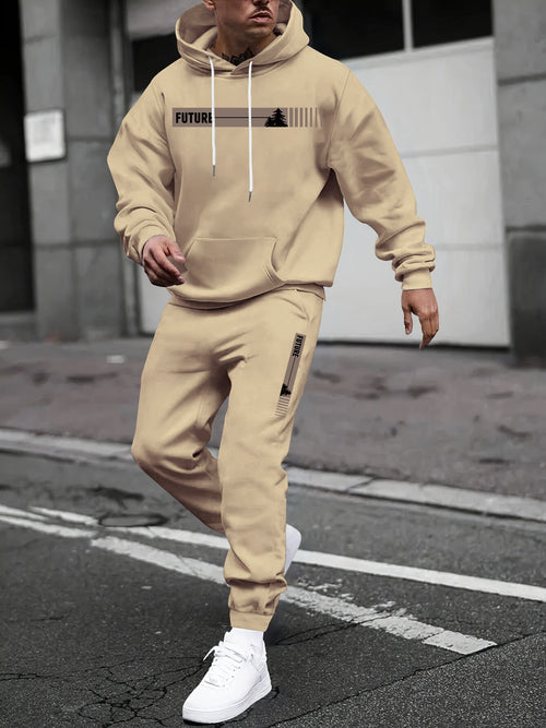 GGT Two-piece Set Men's Tree Graphic Hoodie & Drawstring Waist Sweatpants