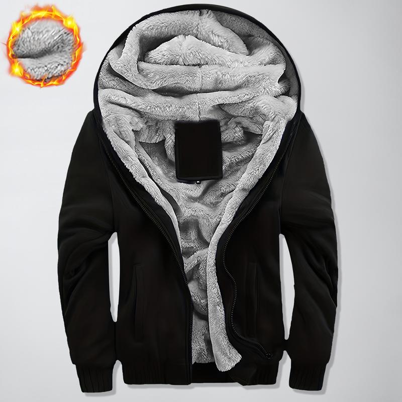 GGT Thickened Fleece Solid Color Hooded Cardigan - Men's Winter Sweatshirt Jacket