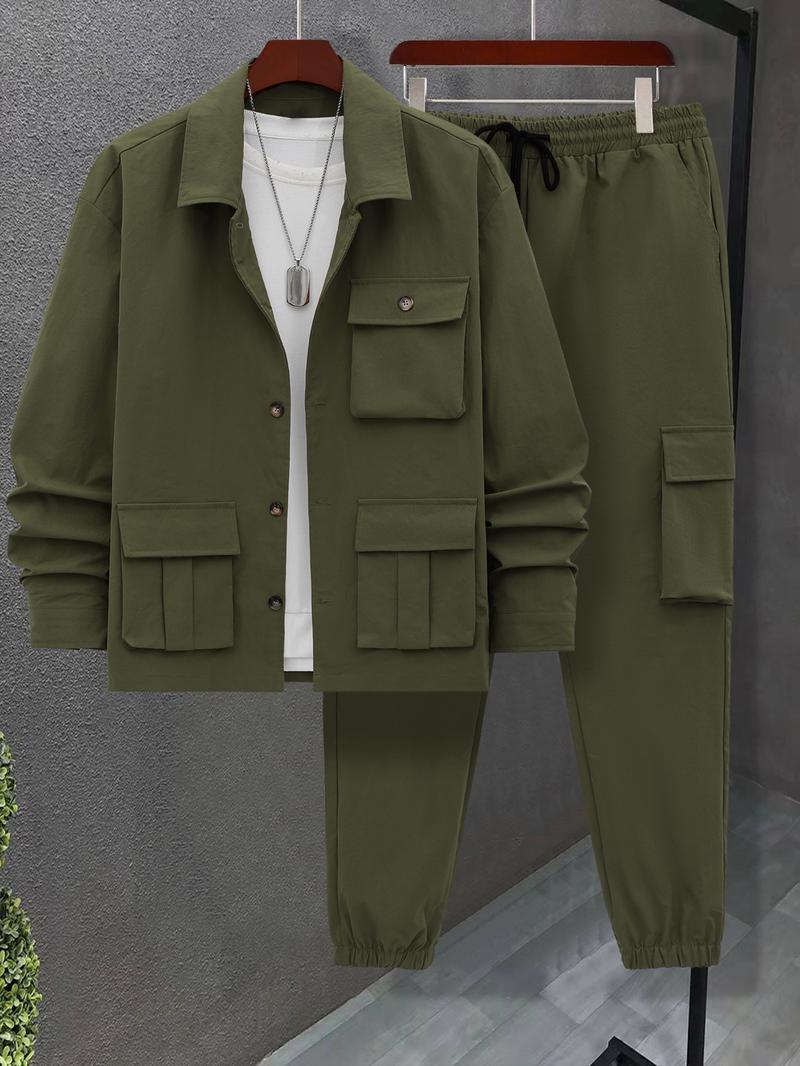 Men's Solid Color Pocket Button Front Shirt & Pants Two-Piece Set