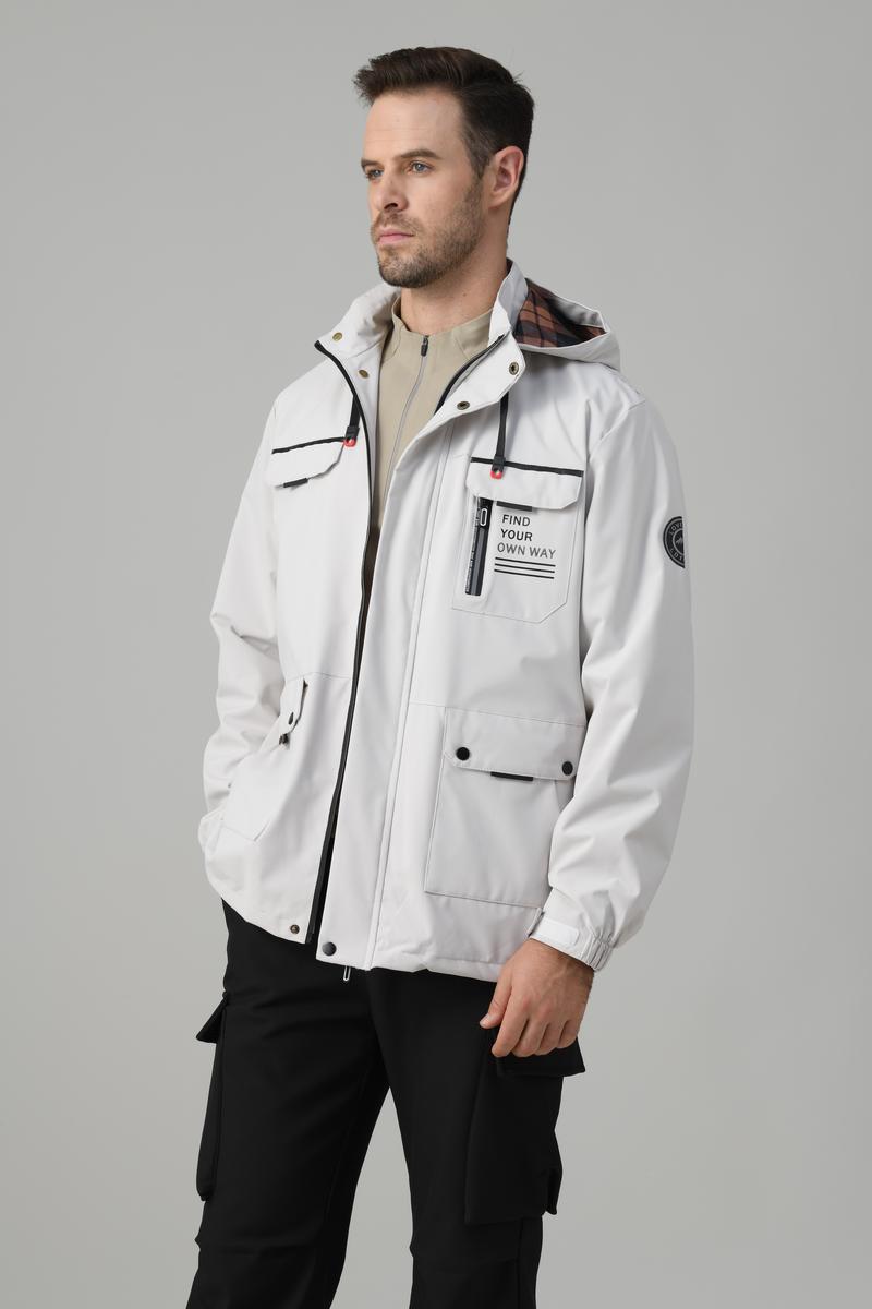 KZZ Men's letter-printed button pocket zipper hooded waterproof jacket