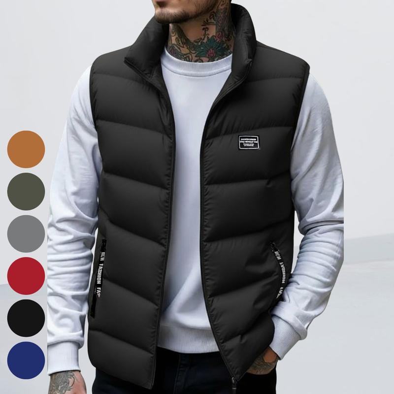 GGT Men's Thickened Warm Sleeveless Vest - Black Full-Zip Stand Collar Ideal