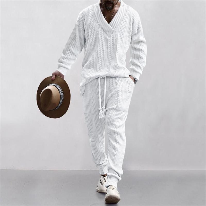 KZZ Two-piece Set Men's Solid Jacquard Drop Shoulder V Neck Top & Drawstring Waist Pants