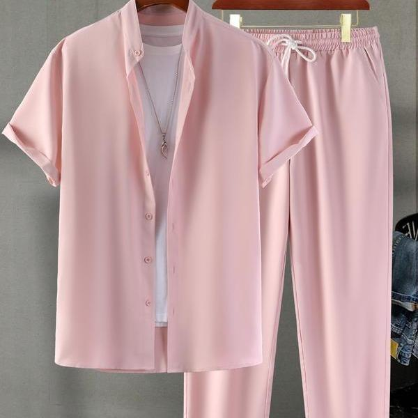 GGT Men's Two-piece Suit Shirt and Elastic Waist Pants Set