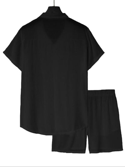 Men's Solid Color Shirt and Elastic Waist Shorts Set