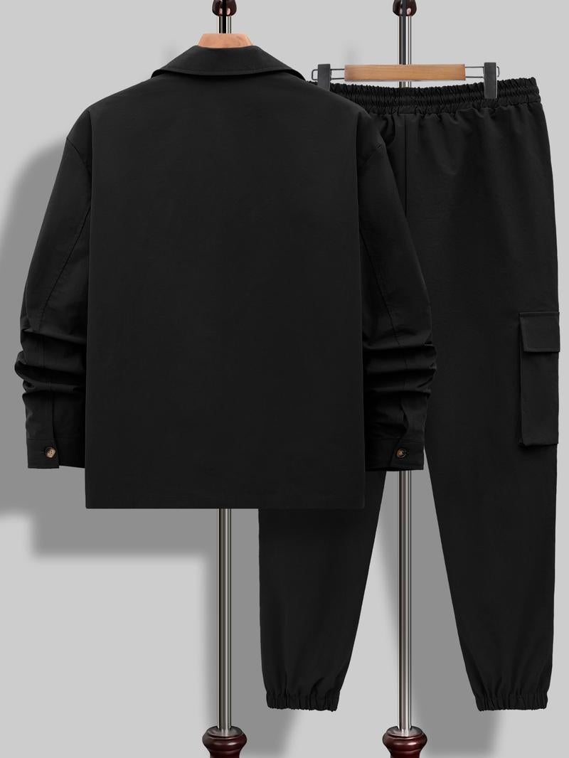 Men's Solid Color Pocket Button Front Shirt & Pants Two-Piece Set