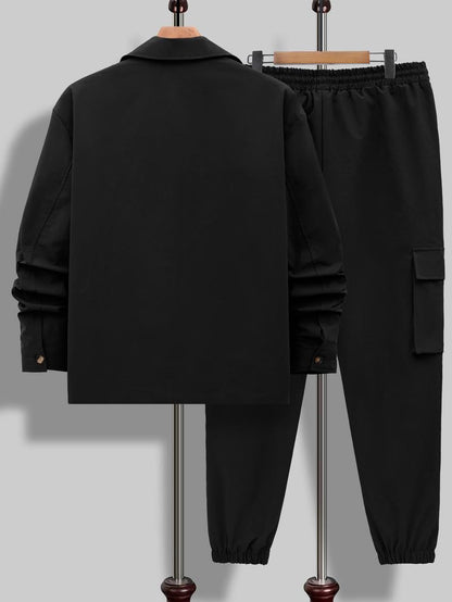 Men's Solid Color Pocket Button Front Shirt & Pants Two-Piece Set