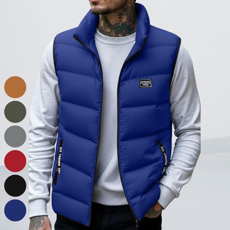 GGT Men's Thickened Warm Sleeveless Vest - Black Full-Zip Stand Collar Ideal