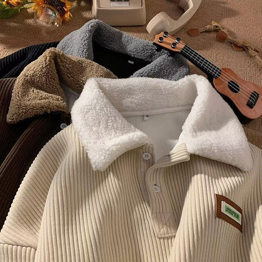 Corduroy Polo collar sweater couple autumn and winter style plus