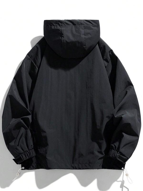 Men's Letter Print Drawstring Pocket Half Zipper Hooded Jacket