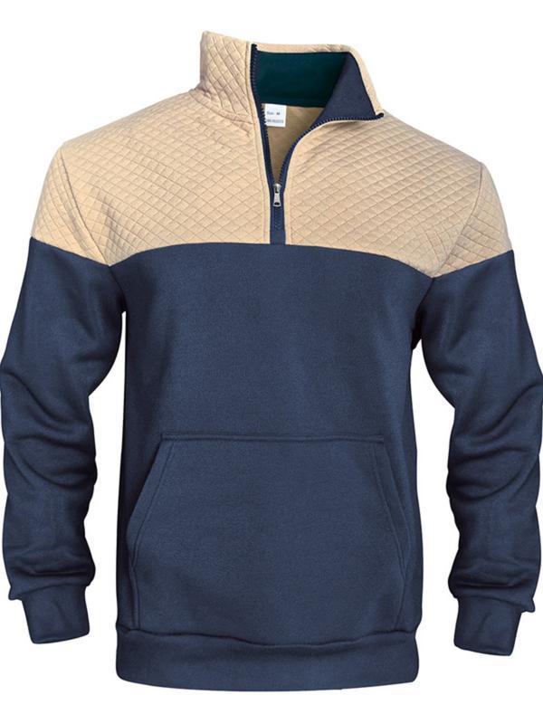 KZZ Men's Fall/Winter Patchwork Design Casual Stand-Up Collar Zipper Hoodie Sweatshirt