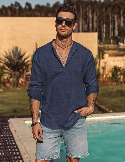 Men's Cotton Linen  Shirt Long Sleeve Hippie Casual Beach T Shirts Menswear