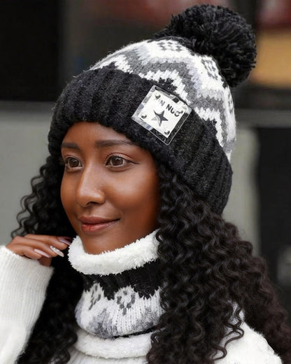 Cute Pom-Pom Fleece-Lined Earflap Neck Gaiter Knit Beanie