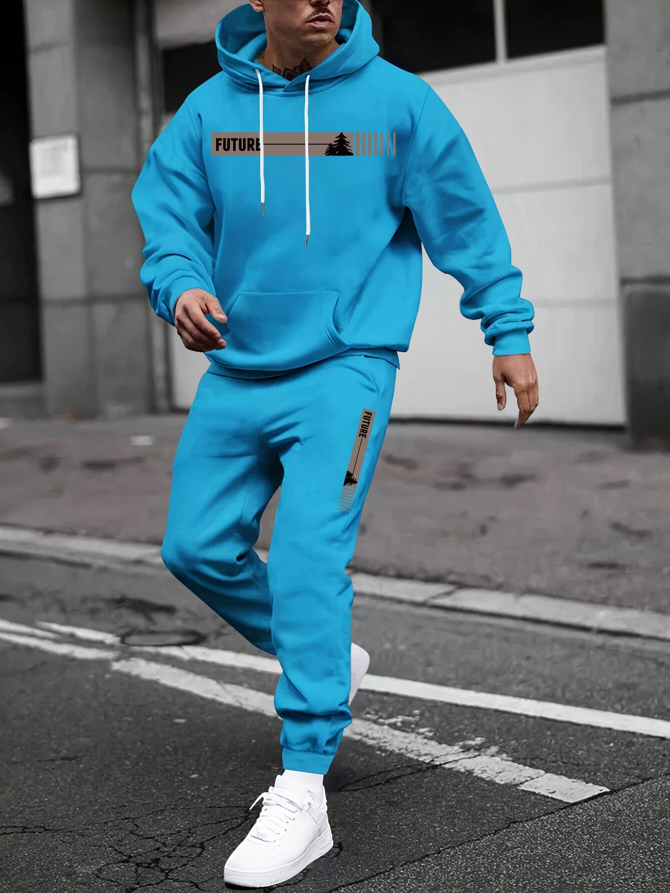 KZZ Two-piece Set Men's Tree Graphic Hoodie & Drawstring Waist Sweatpants