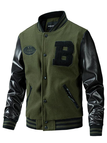 KZZ Men's Letter Patched Pocket Button Front Varsity Jacket