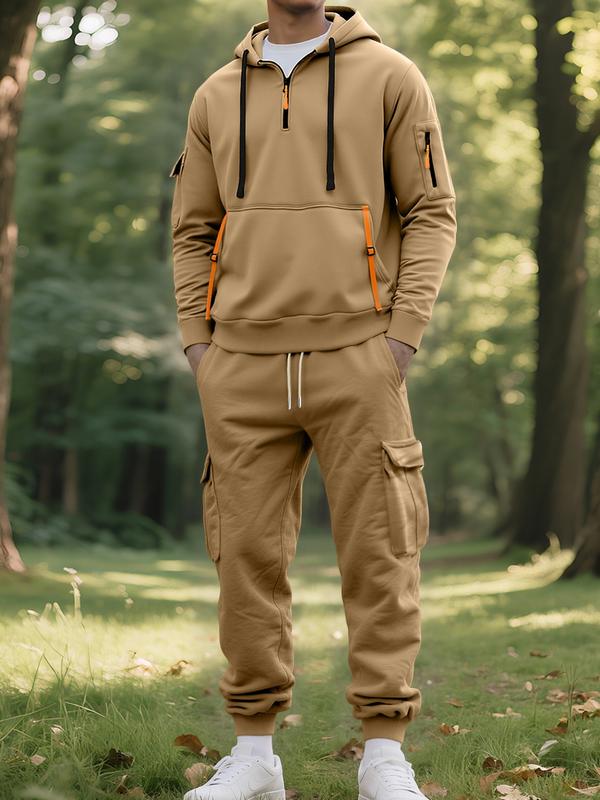 KZZ Men's Fall & Winter Hooded Casual Tracksuit Set: featuring a zip-front hooded design, cargo pants with multiple pockets