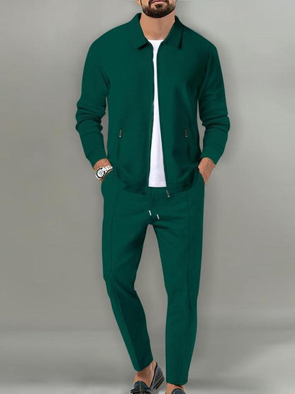 GGT Sporty Two-piece Set Men's Plain Zip Up Jacket & Drawstring Waist Pants Tracksuit Set