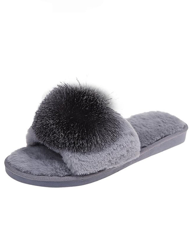 Solid Color Big Pom Pom Flat Fuzzy Plush Slippers