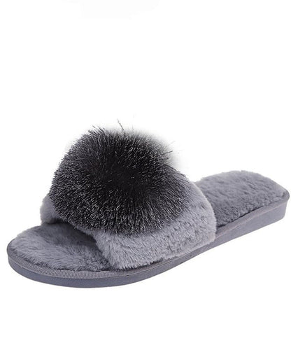 Solid Color Big Pom Pom Flat Fuzzy Plush Slippers