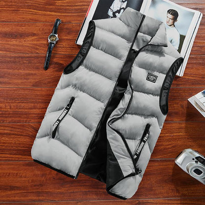 GGT Men's Thickened Warm Sleeveless Vest - Black Full-Zip Stand Collar Ideal