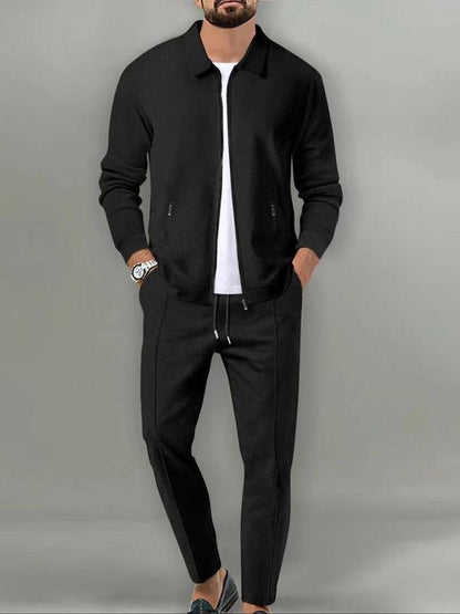 GGT Sporty Two-piece Set Men's Plain Zip Up Jacket & Drawstring Waist Pants Tracksuit Set