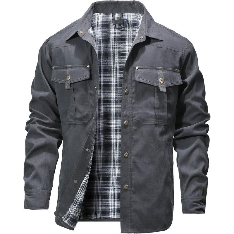 KZZ Men's Flannel Lined Shacket Jacket Plaid Brushed Lining Cowboy Western