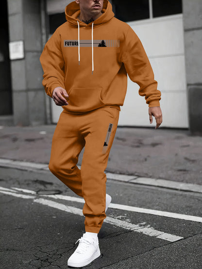 GGT Two-piece Set Men's Tree Graphic Hoodie & Drawstring Waist Sweatpants