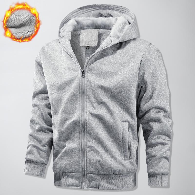 GGT Thickened Fleece Solid Color Hooded Cardigan - Men's Winter Sweatshirt Jacket