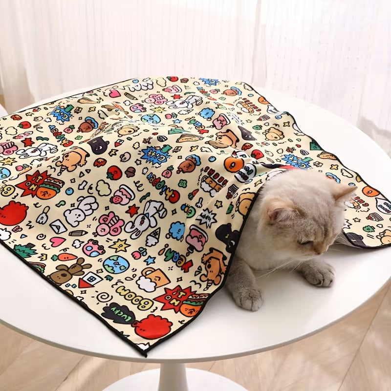 1pc Self-Adhesive Magic Wrap Cat Carrier Blanket - Cartoon Doodle Design with Stars, Clouds & Animals, Scratch-Resistant Escape-Proof Pet Wrap for Feeding, Grooming & Travel, Easy No-Roll Application, Grooming