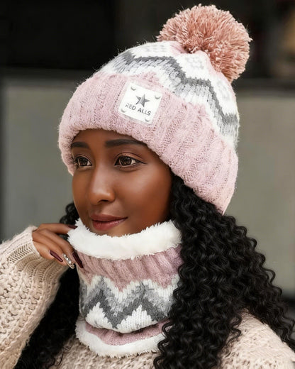Cute Pom-Pom Fleece-Lined Earflap Neck Gaiter Knit Beanie