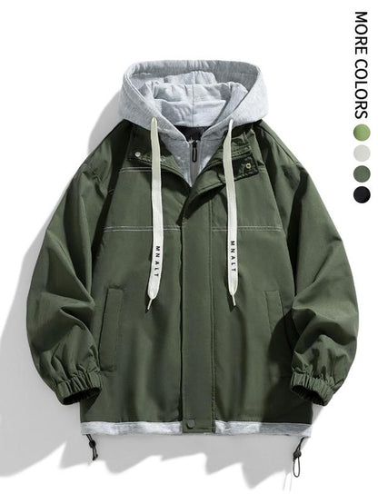 KZZ Men's Colorblock Letter Pocket Longsleeves Drawstring Hooded Jacket