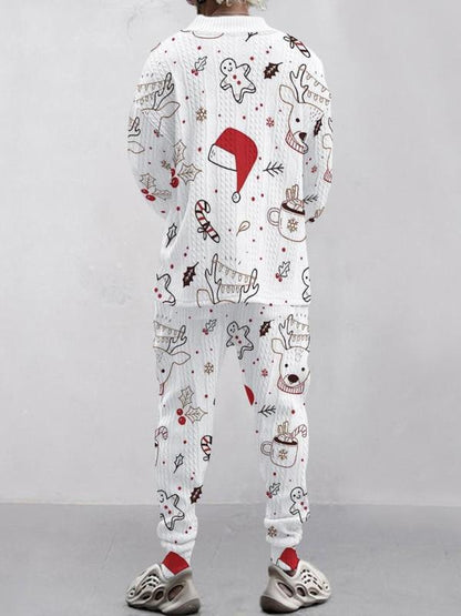 KZZ Two-piece Set Men's Solid Jacquard Drop Shoulder V Neck Top & Drawstring Waist Pants