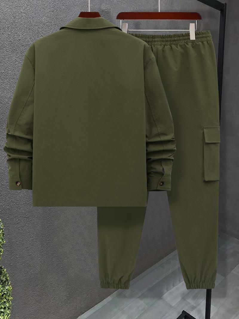 Men's Solid Color Pocket Button Front Shirt & Pants Two-Piece Set