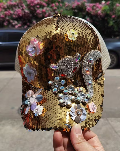 High-Quality Rhinestone & Sequin-Embellished Fox Accent Baseball Cap