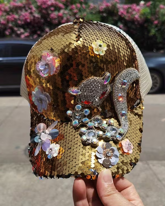 High-Quality Rhinestone & Sequin-Embellished Fox Accent Baseball Cap