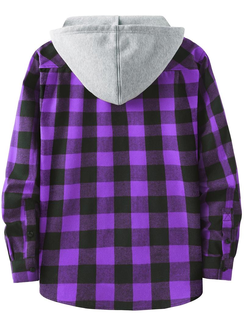 Plaid Patchwork Button Front Hooded Jacket