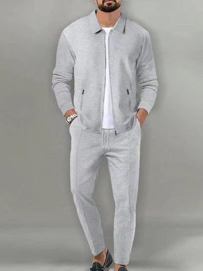 GGT Sporty Two-piece Set Men's Plain Zip Up Jacket & Drawstring Waist Pants Tracksuit Set