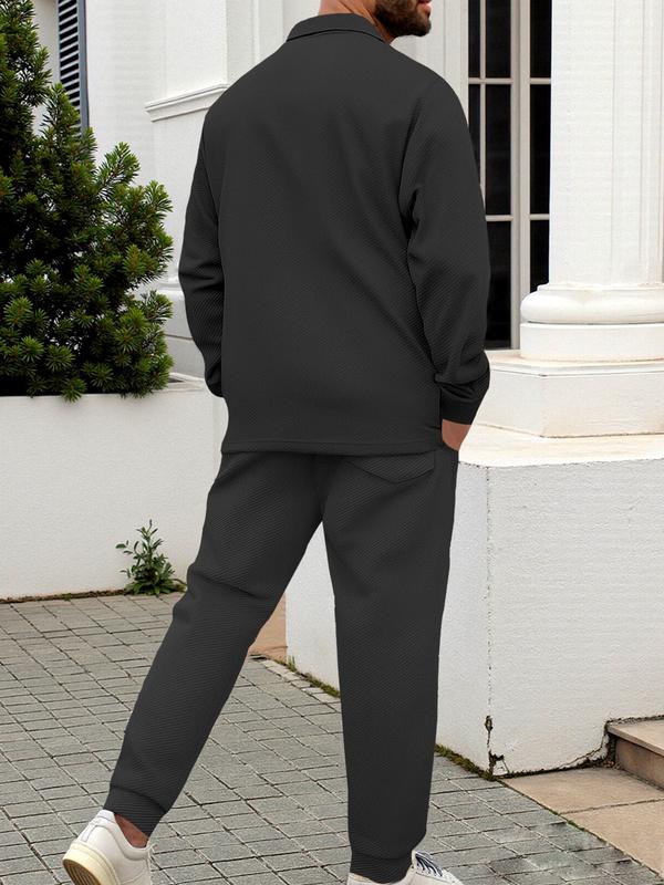 KZZ Men's two-piece casual suit with a stand-up collar long sleeves with a subtle texture