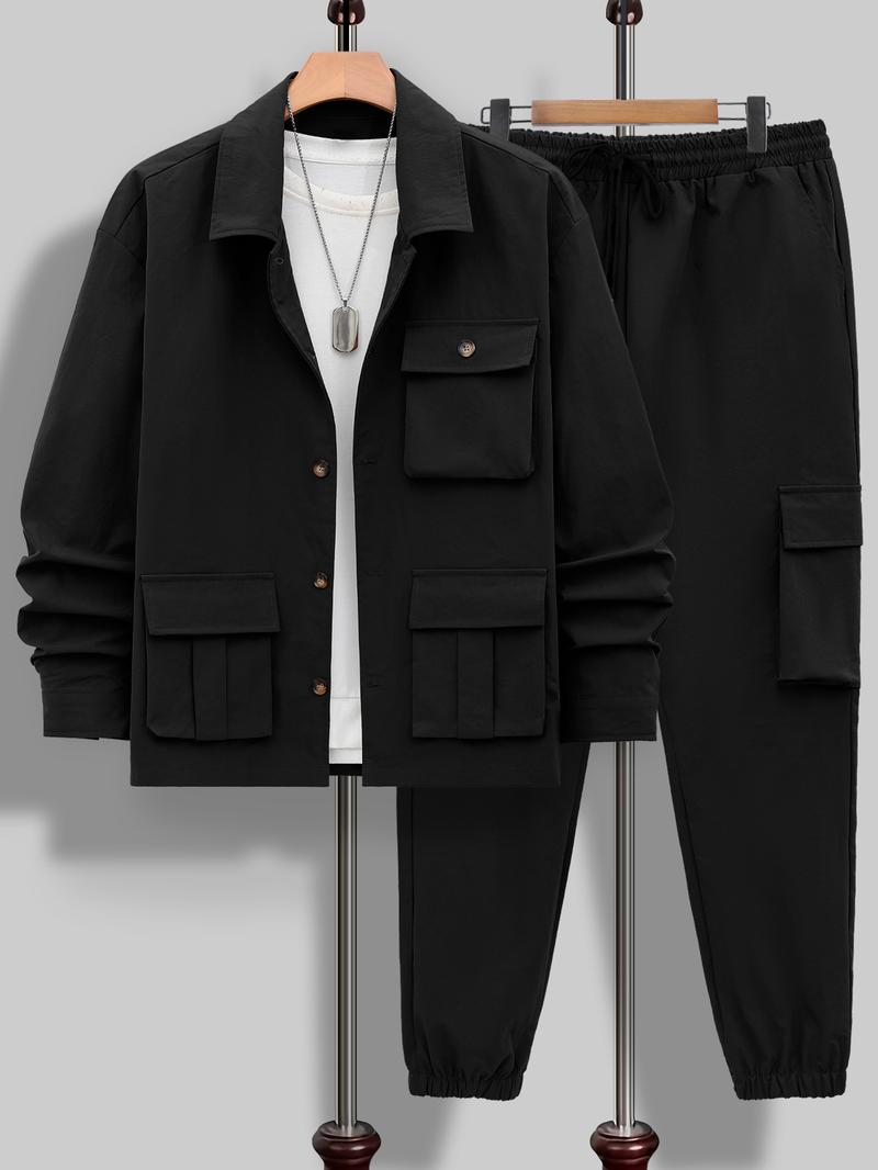 Men's Solid Color Pocket Button Front Shirt & Pants Two-Piece Set