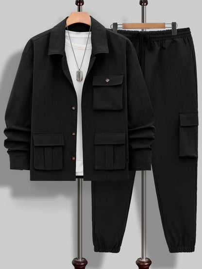 Men's Solid Color Pocket Button Front Shirt & Pants Two-Piece Set