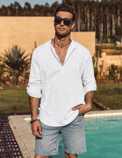 Men's Cotton Linen  Shirt Long Sleeve Hippie Casual Beach T Shirts Menswear