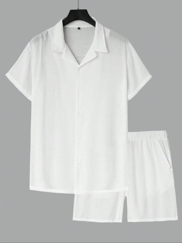 Men's Solid Color Shirt and Elastic Waist Shorts Set