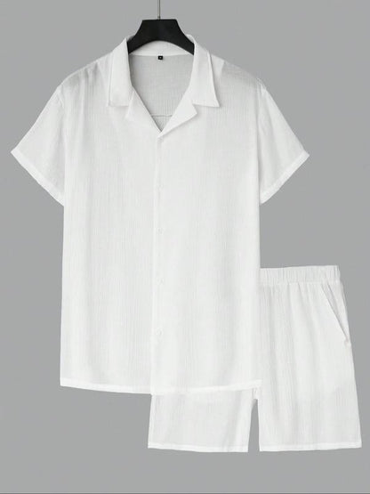 Men's Solid Color Shirt and Elastic Waist Shorts Set